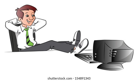 Vector illustration happy   successful businessman relaxing in office and legs computer table 