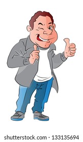 Vector illustration of a happy and successful young man giving thumbs up gesture.