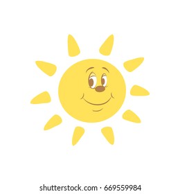 Vector illustration of happy sun. Can be used for print on clothes for boys and girls, decoration, banners, web. EPS10. Flat design. Logo template for baby shop, store, market or child center.