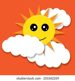 Vector illustration of a happy sun coming out from behind the cloud.