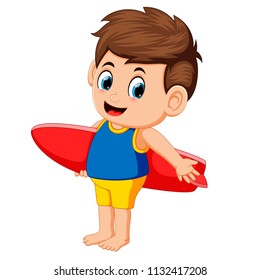 vector illustration of Happy surfer man is holding surfboard