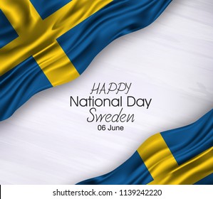 Vector illustration of Happy Sweden National Day 06 June. Waving flags isolated on gray background.