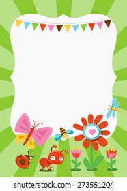 A vector illustration of happy sweet and cute garden bugs party invitation copy space in 5x7 dimension. 