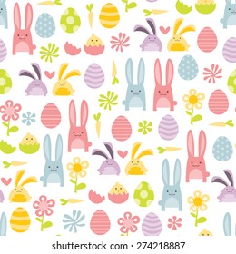 A vector illustration of happy sweet easter filled with easter bunnies and easter eggs seamless pattern background.