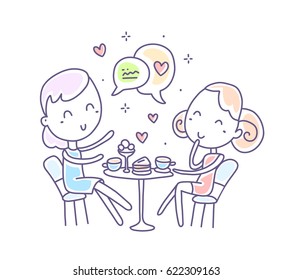 Vector illustration of happy talking women. Girlfriends gossip sitting in a cafe. Hand drawn flat line art style young girl for web, site, banner, greeting card