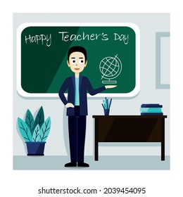 Vector illustration of Happy Teachers Day lettering on chalkboard. Teacher in class with background.