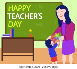 Vector illustration for Happy Teacher's Day, Kid Student Give Flowers to Teacher. Suitable for Social Media Post
