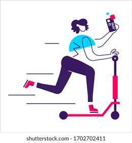 Vector illustration of happy teenage girl riding on scooter. Young woman with phone taking selfie on white background. Flat cartoon style design of people for web, site, poster, banner