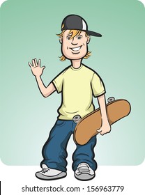 Vector illustration of happy teenager with skateboard. Easy-edit layered vector EPS10 file scalable to any size without quality loss. High resolution raster JPG file is included.