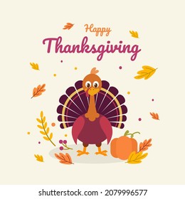 Vector illustration, happy thanksgiving, with cartoon character of turkey, pumpkin and autumn leaves, as banner, poster or greeting card.