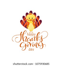 Vector illustration of a happy Thanksgiving celebration design with cartoon turkey and handwritten congratulatory text.