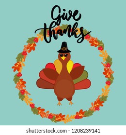 Vector Illustration of a Happy Thanksgiving Celebration Design with Cartoon Turkey and Autumn Leaves