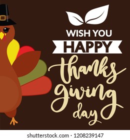 Vector Illustration of a Happy Thanksgiving Celebration Design with Cartoon Turkey and Autumn Leaves