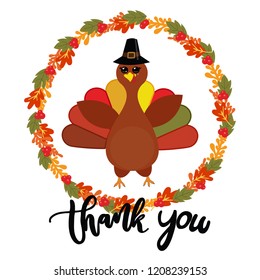 Vector Illustration of a Happy Thanksgiving Celebration Design with Cartoon Turkey and Autumn Leaves