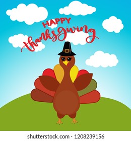 Vector Illustration of a Happy Thanksgiving Celebration Design with Cartoon Turkey 