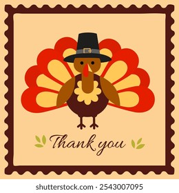 Vector Illustration of a Happy Thanksgiving Celebration Design with Cartoon Turkey. Design concept of congratulation, banner, postage stamp, poster, social media. Vector illustration.