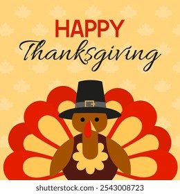 Vector Illustration of a Happy Thanksgiving Celebration Design with Cartoon Turkey. Design concept of congratulation, banner, postage stamp, poster, social media. Vector illustration.