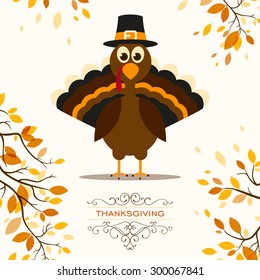 Vector Illustration of a Happy Thanksgiving Celebration Design with Cartoon Turkey and Autumn Leaves