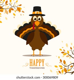 Vector Illustration of a Happy Thanksgiving Celebration Design with Cartoon Turkey and Autumn Leaves