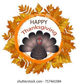 Vector Illustration of a Happy Thanksgiving Celebration Design with Cartoon Turkey and Autumn Leaves