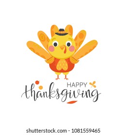 Vector illustration of a happy Thanksgiving day design with cartoon turkey and handwritten congratulatory text.