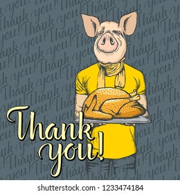 Vector illustration of Happy Thanksgiving Day pig concept. Pig with holiday turkey and lettering Thank You