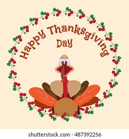 Vector illustration of Happy Thanksgiving Day design element with cartoon turkey and cranberries