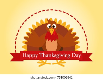 Vector illustration of happy Thanksgiving Day - Greeting card with cartoon turkey in autumn colors background