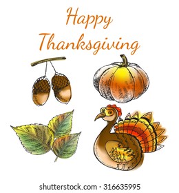 Vector illustration of a Happy Thanksgiving with the designed lettering theme. Thanksgiving Day Hand drawn vintage illustrations. Can be use as flyer, poster, banner and etc., for your design projects