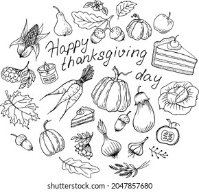 Vector illustration, Happy Thanksgiving inscription, around it vegetables, berries, pies. Doodle style.