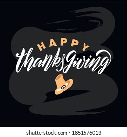 Vector illustration of happy Thanksgiving lettering for banner, signage, poster, greeting card, shop advertisement, souvenirs design. Handwritten text jn a blackboard background