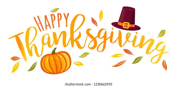 Vector illustration of a Happy Thanksgiving text  with pumpkin and hat. Happy Thanksgiving day!