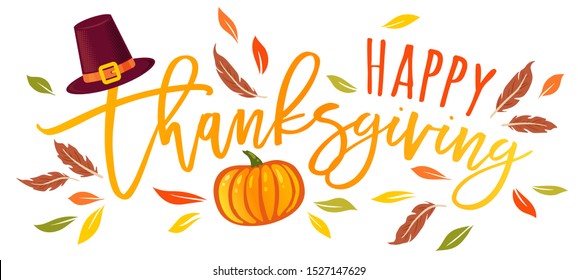Vector illustration of a Happy Thanksgiving text  with pumpkin and hat. Happy Thanksgiving day.
