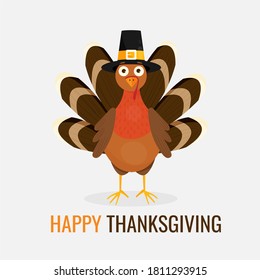 Vector illustration of happy thanksgiving turkey wearing piligrim hat