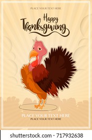 Vector illustration of happy Thanksgiving turkey with custom designed lettering theme