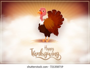 Vector illustration of happy Thanksgiving turkey with custom designed lettering theme