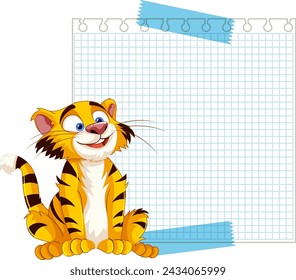Vector illustration of a happy tiger beside paper.