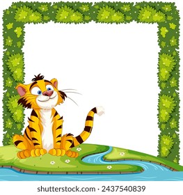 Vector illustration of a happy tiger surrounded by foliage.