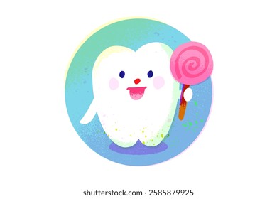 Vector illustration of a happy tooth with candy. Image of a sweet tooth