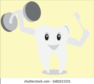 Vector Illustration of happy tooth holding a brush and dumbell.