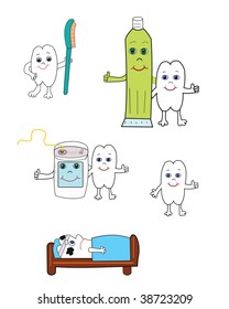 Vector illustration of happy tooth with toothbrush, toothpaste and dental floss.