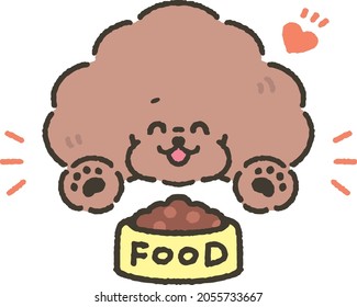 Vector illustration of a happy toy poodle dog eating dog food.