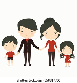 Vector illustration of happy traditional asian parents with two children boy and girl . Young asian family.