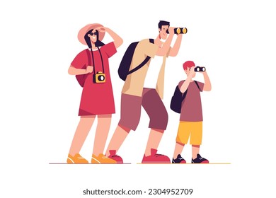 Vector illustration of a happy traveling tourist family.