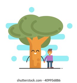 Vector illustration of happy tree and young man holding hands. Vector concept of forest protection. Illustration for print, web. Flat style.