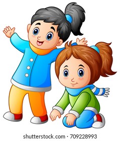 Vector illustration of Happy two little girls