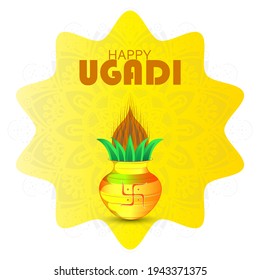 Vector Illustration Of Happy Ugadi Greeting Card Background With Decorated Kalash.