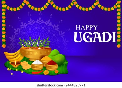 vector illustration of Happy Ugadi holiday religious festival background for Happy New Year of Andhra Pradesh, Telangana, and Karnataka in India