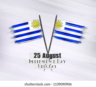 Vector illustration of Happy Uruguay Independence Day 25 August. Waving flags isolated on gray background.