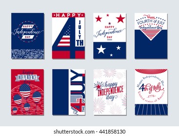 Vector illustration of happy USA Independence day felicitation background set with typography, lettering element, balloon, fireworks, flag in simple vintage style. Invitation 4th july